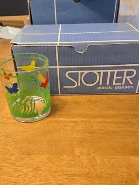 Vintage Stotter Plastic Glass with Colorful Butterfly Design